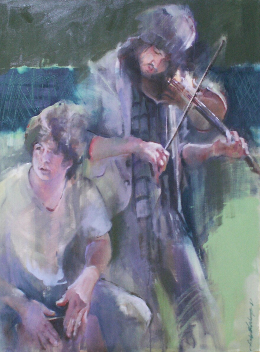 painting of a seated musician playing a drum and a violinist standing next to him and playing his instrument
