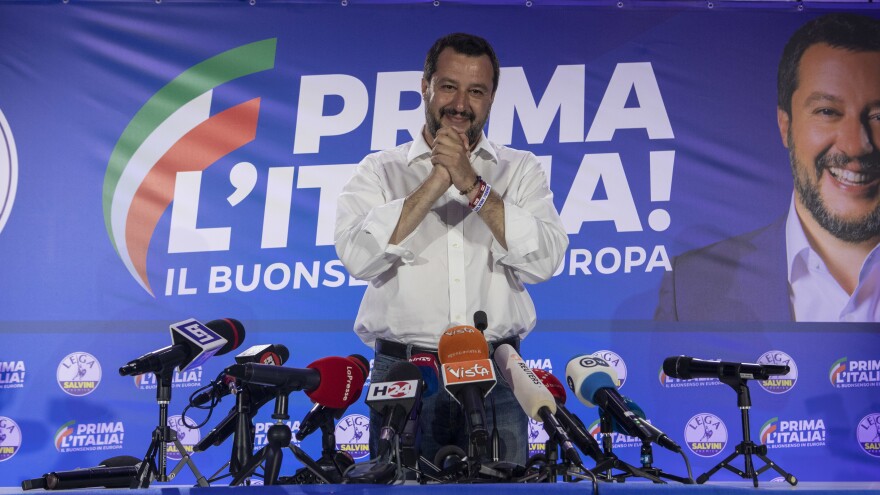 Matteo Salvini, Italy's Deputy Prime Minister and leader of the right-wing League party, speaks at a news conference following the European Parliament election results on Monday in Milan.
