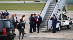 Florida Gov. Ron DeSantis greets President Donald Trump upon his arrival at Tyndall Airforce Base in Panama City. (May 8, 2019).