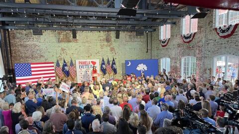 Lt. Gov. Pamela Evette announces her 2026 gubernatorial bid in Greenville on July 14, 2025.