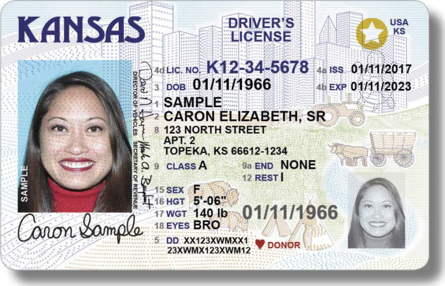 FILE - This image from the Kansas Department of Revenue shows a sample driver's license issued by the state's Division of Vehicles, first produced in June 2021. Officials under Kansas' Democratic governor are seeking to have the state resume changing gender identification on driver’s licenses of transgender people. (Kansas Department of Revenue via AP)
