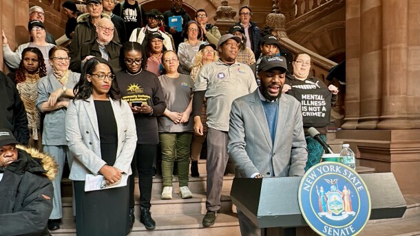 Luke Sikinyi, the vice president for public policy at the Alliance for Rights and Recovery speaks in front of the Million Dollar Staircase in the New York State Capitol Building (Albany, N.Y.) on March 4, 2025.