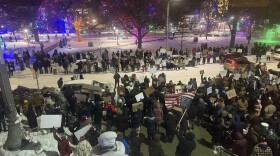 People stand on either side of W South Street in front of the steps of Kalamazoo City Hall and Bronson Park. Some protestors wave upside-down American Flags, while many hold signs with messages against ICE