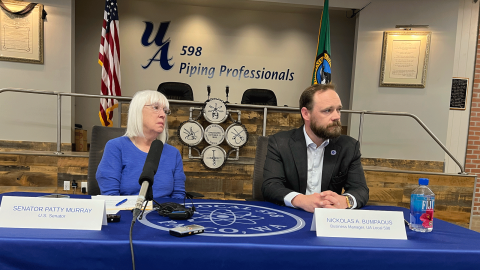 Senator Patty Murray talks with Hanford and union officials at a roundtable in Pasco on Wednesday, May 6, 2026.