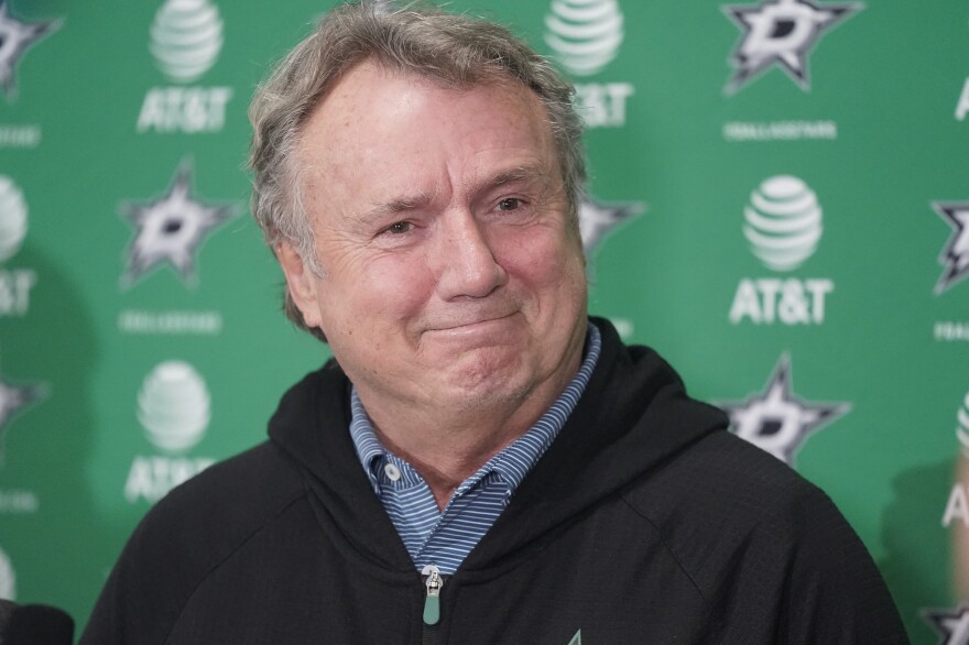 FILE - Then-Dallas Stars NHL hockey team head coach Rick Bowness smiles while speaking to reporters during a season-ending media availability at the team's headquarters in Frisco, Texas, Tuesday, May 17, 2022. Winnipeg Jets coach Rick Bowness has announced his retirement after 38 seasons in the NHL.