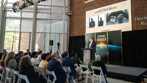 Dan Dumbacher, chairman of the selection committee for Purdue University’s Neil Armstrong Space Prize, introduces the award’s inaugural laureate: five members of the Falcon 9 Booster Landing Team for SpaceX. The recipients will be honored during a September event in Washington, D.C.