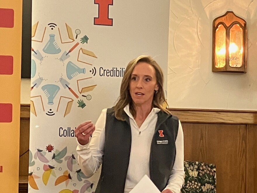 Emily Swihart, horticulture extension educator at University of Illinois, speaks at the GIFT Gardens press conference, in Trinity Episcopal Cathedral, Davenport, Nov. 24, 2025.