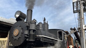 The Buckley Old Engine Show's steam locomotive rests at the platform. Aug. 15, 2024. (Photo: Izzy Ross/IPR News)