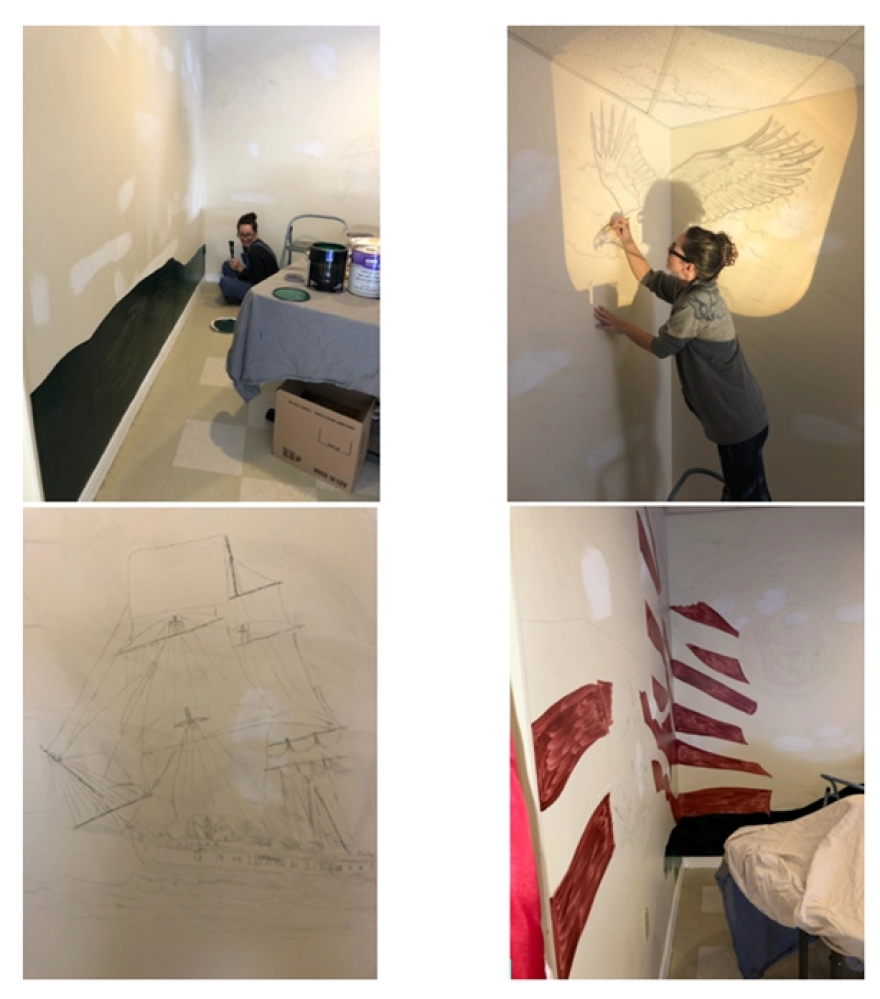 Artist Heather Reaves works on initial sketching, coloring of mural.