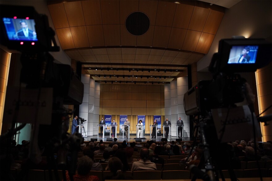  The seven candidates running for Akron mayor participate in a debate on Wednesday, April 12, 2023. From left to right: candidates Mark Greer, Akron City Councilmember Shammas Malik, Keith Mills, Akron City Councilmember Tara Mosley, Joshua Schaffer, Deputy Mayor Marco Sommerville and Summit County Councilmember Jeff Wilhite.