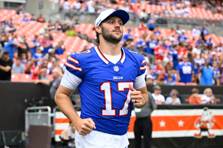 Buffalo Bills quarterback Josh Allen enters the field before a preseason NFL football game against the Cleveland Browns, Saturday, Aug. 22, 2026, in Cleveland.
