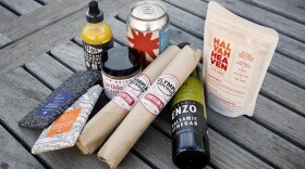 A selection of foods and products resident chef Kathy Gunst discovered at the Good Food Mercantile show in San Francisco. (Robin Lubbock/WBUR)