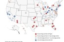 A map of unemployment change in selected metro areas of the United States. Northern Virginia, Hampton Roads and Richmond all ticked higher.