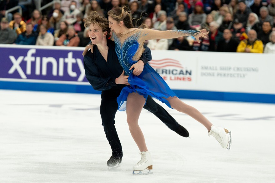 Emily Bratti and Ian Somerville compete in the ice dance free skate during the 2026 U.S. Figure Skating Championships at the Enterprise Center on Saturday, Jan. 10, 2026, in St. Louis’ Downtown West neighborhood.