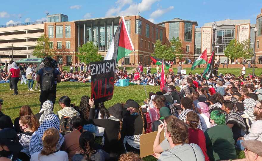 The large crowd carried signs and Palestinian flags.