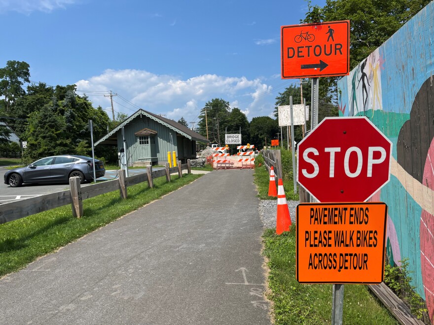 Before the temporary wooden bridge is put in place, crews will continue drainage, paving, and sidewalk work on State Route 85.
