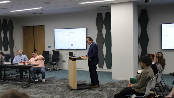 Former City Attorney Frank Garza speaking on behalf of Mayor Gina Ortiz Jones at the Ethics Review Board hearing on Monday night.