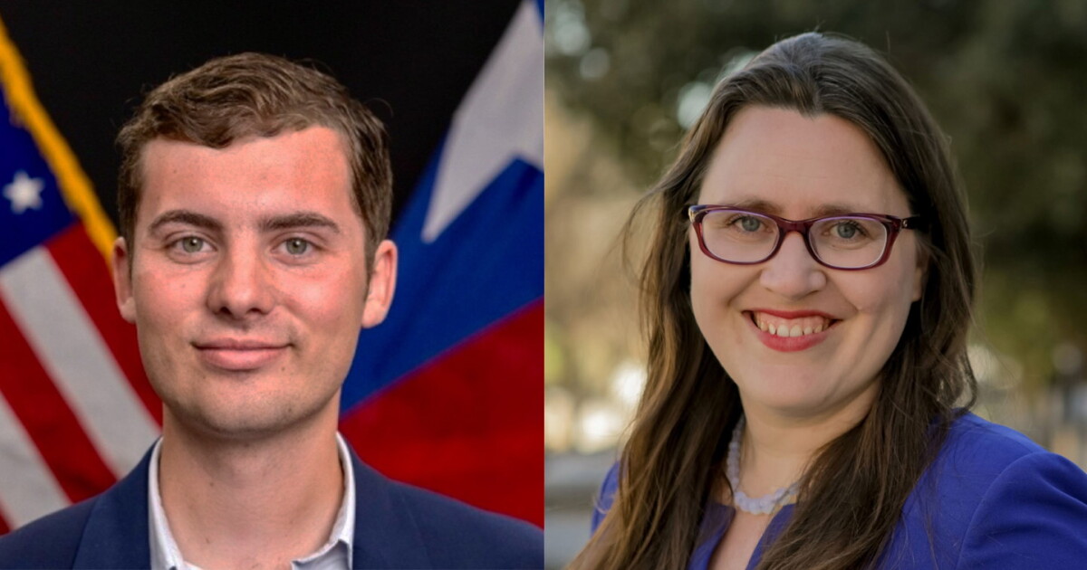 Side by side images of a man on the left and a woman on the right. Both are smiling.