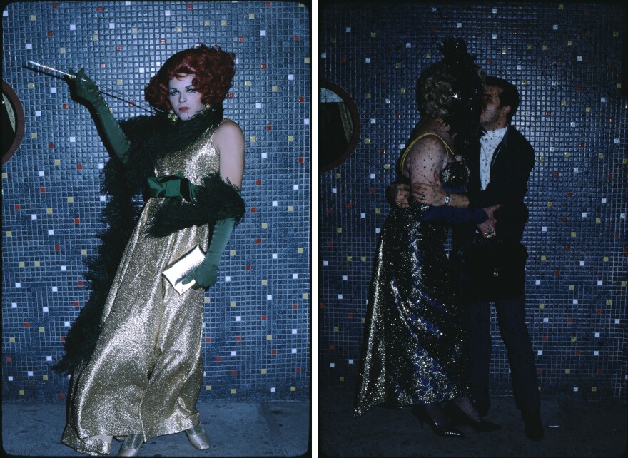 At left, an unidentified drag queen poses for a photo in front of the tiled wall outside the Colony Club in Kansas City. At right, a couple kisses.