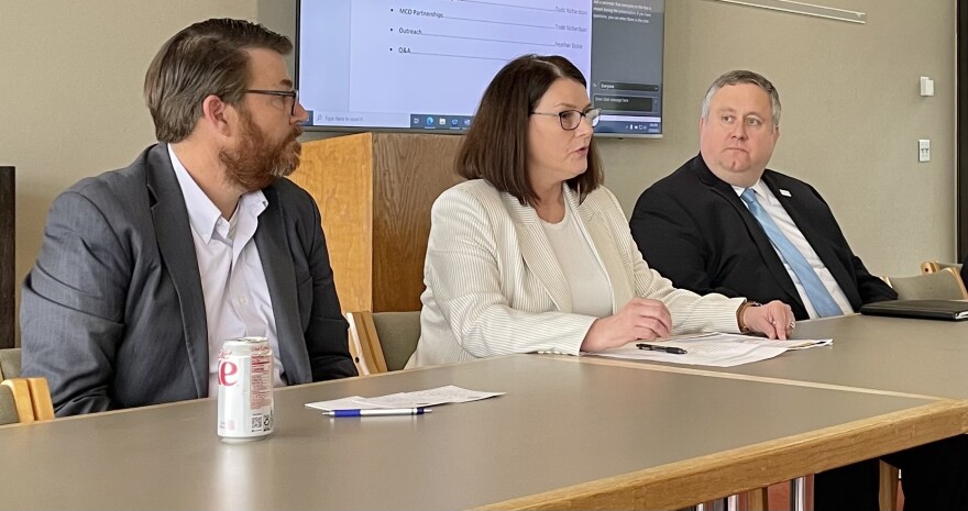 Todd Richardson, Director of MO HealthNet, Kim Evans, Director of Family Support Division, and Robert Knodell, acting director of Department of Social Services, presented to the media in March about Medicaid renewals.