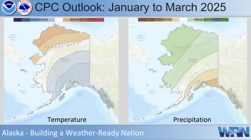 NOAA's winter outlook maps show varying temperature patterns across Alaska, with warmer trends in the northern region and cooler in the south, while precipitation is expected to be above normal for most of the state except the Aleutian Islands.