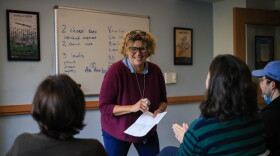 Helene Rassias-Miles, Executive Director of the Rassias Center for World Languages and Cultures, leads a training session with her team while refining future lesson plans in Hanover, Nh., on Wednesday, Oct. 7, 2026. (Valley News photo)