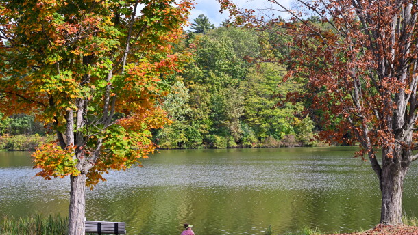 A woman sits by the lake in Frances Slocum State Park, in Luzerne County, in late September 2025.