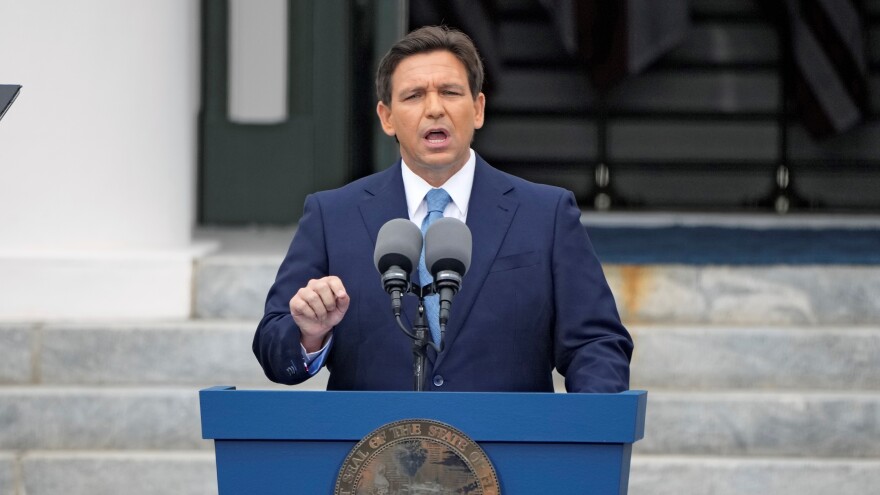 Florida Gov. Ron DeSantis speaks to the crowd after being sworn in to begin his second term during an inauguration ceremony outside the Old Capitol Tuesday, Jan. 3, 2023, in Tallahassee.