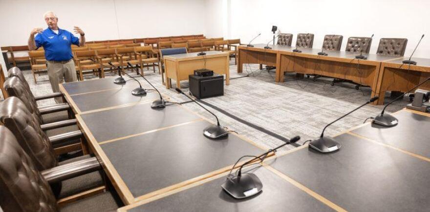 Terry Pfaff, chief operating officer at General Court of New Hampshire, gives a tour of the new Legislative Offices at Granite Place in Concord on Wednesday, September 3, 2025.
