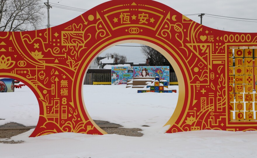 Jordan Wong designed these structures in an AsiaTown Cleveland park and created the layout for the park that features works for a few other local artists.