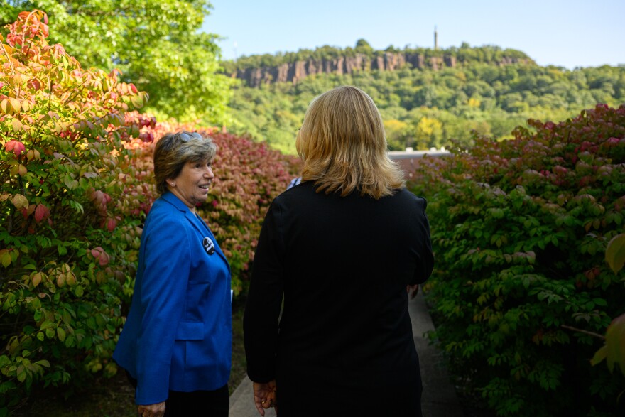 With East Rock in the background, American Federation of Teachers president Randi Weingarten (left) walks the Wilbur Cross High School campus with ǻ State Senator Jan Hochadel during Weingarten’s visit to Wilbur Cross High School on Wednesday, Sept. 27, 2023.
