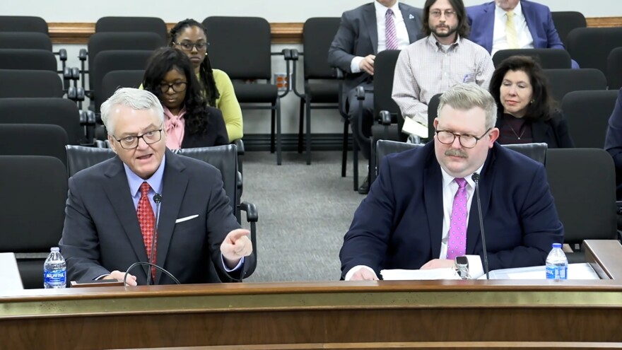 Treasurer Curtis Loftis, left, testifies with his attorney Shawn Eubanks before the Senate Finance Constitutional subcommittee on Feb. 27, 2025.