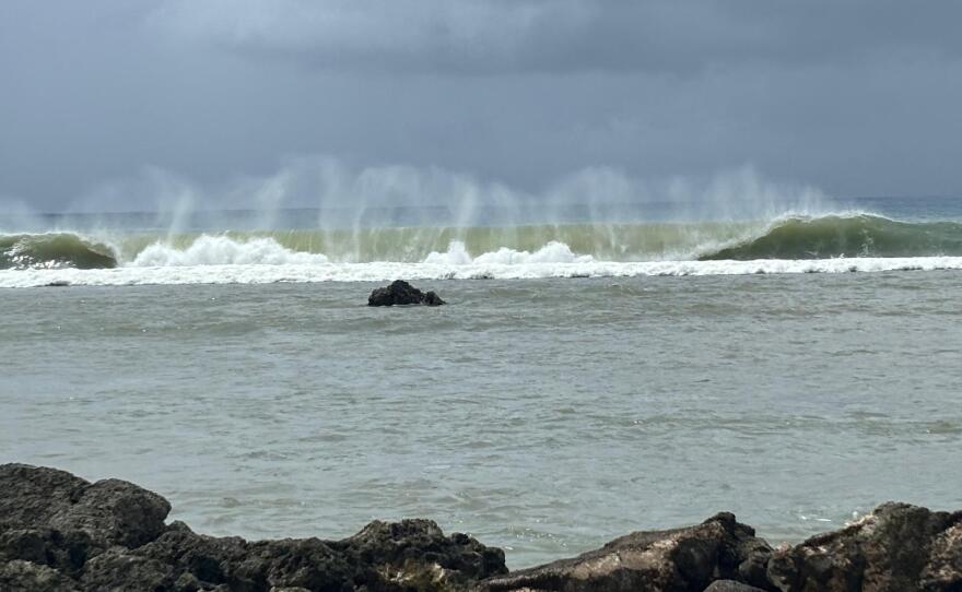 Waves break at Paseo in Hagatna following the passage of Super Typhoon Bavi on July 7, 2026.