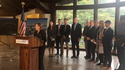 Local and state leaders gathered at the former Christmas Tree Shops store at the foot of the Sagamore Bridge to announce that the state has issued requests for proposals from developers to replace the bridge.
