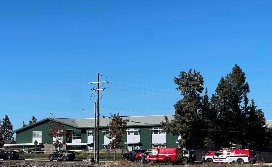 Police tape is placed outside Silver Rail Elementary school, where a shooting took place, on Thursday, Oct. 15, 2026 in Bend, Ore. 