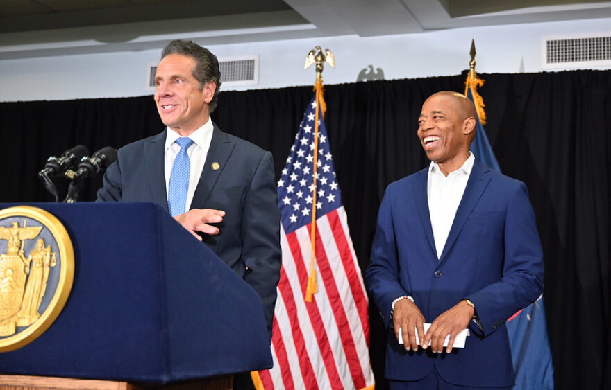 Gov. Andrew Cuomo appeared Wednesday at Lenox Road Baptist Church in Brooklyn with&nbsp;Eric Adams, the New York City Democratic mayoral candidate, before attending a community meeting to address rising gun violence.&nbsp;