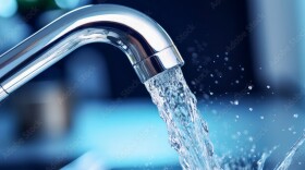 water flows from a sink faucet