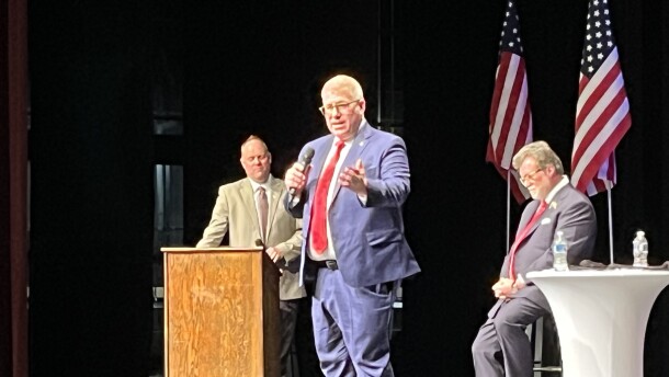 GOP candidate for Illinois governor Darren Bailey on stage at Five Points in Washington, Illinois, during a Tazewell County gubernatorial forum.