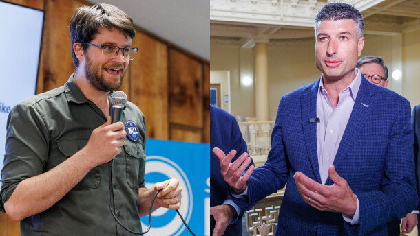 Split screen of William Lawrence and Tom Barrett speaking at events