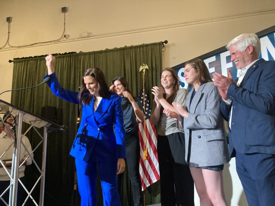 Stefany Shaheen acknowledges supporters at her election night party in Portsmouth, Sept. 9, 2026.