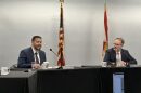 Florida Education Commissioner Anastasios Kamoutsas, left, gives the commissioner’s update during a Jan. 21, 2026, Board of Education meeting at Tallahassee State College. Chair Ryan Petty is sitting on the right.