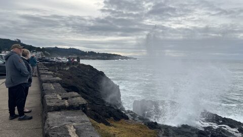Coastal visitors were already lining the sidewalk overlooking the Spouting Horn in Depoe Bay on Tuesday even before the start of three days of King Tides began.