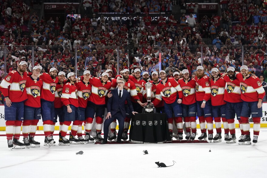The Florida Panthers pose with the Prince of Wales trophy after winning Game 4 of the NHL hockey Stanley Cup Eastern Conference finals against the Carolina Hurricanes, Wednesday, May 24, 2023, in Sunrise, Fla.