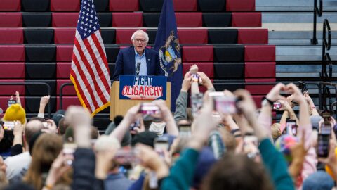 U.S. Sen. Bernie Sanders, I-Vt., speaks at a stop on his "Fighting Oligarchy: Where We Go From Here" tour in Warren, Mich., on March 8, 2025.