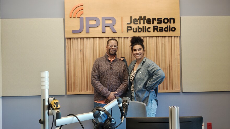Jefferson Exchange Host, Mike Green, with Jessica Murrey, Co-founder and CEO of Wicked Saints Studios in the JPR studio on August 13, 2025.