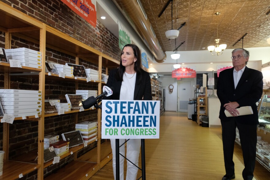 Stefany Shaheen, during a swing through Manchester's Granite State Candy Shoppe on Aug. 18, 2026. She was joined by former NH Supreme Court Chief Justice John Broderick.