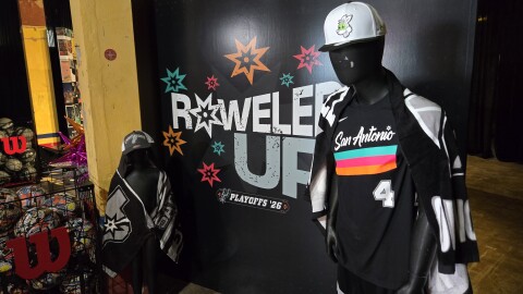 This colorful Spurs mannequin greets shoppers at the Pop-Up Fan Shop at 333 West Commerce, which is located below Texas Public Radio, halfway between City Hall and Market Square