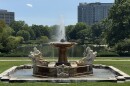 The “Fountain of the Waters’’ in the Cleveland Museum of Art’s Fine Arts Garden presides over a skyline view in Cleveland’s University Circle.