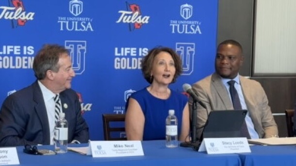 University of Tulsa President Stacy Leeds speaks at a conference.