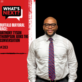 Background from left to right: red, white stripe in the middle, then black. On the left: What's Next? logo with the episode title and number in black and white text. On the right: photo of Anthony Tyson Thompson
